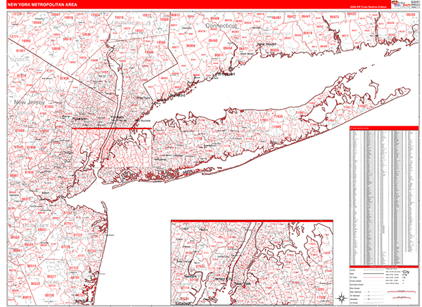 New York Metropolitan Area Metro Area Wall Map Red Line Style
